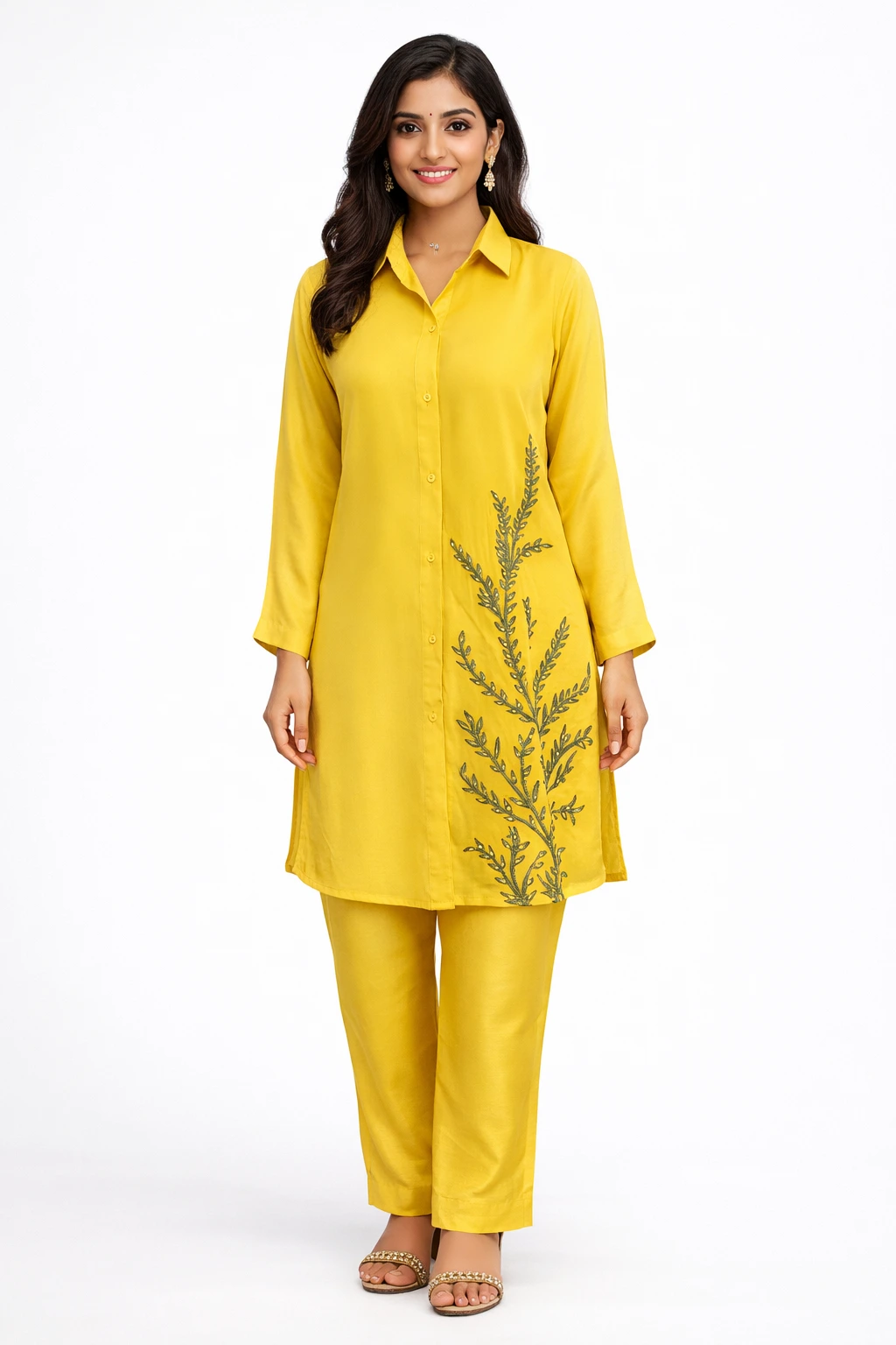 Women Yellow Embroidered Dress Set